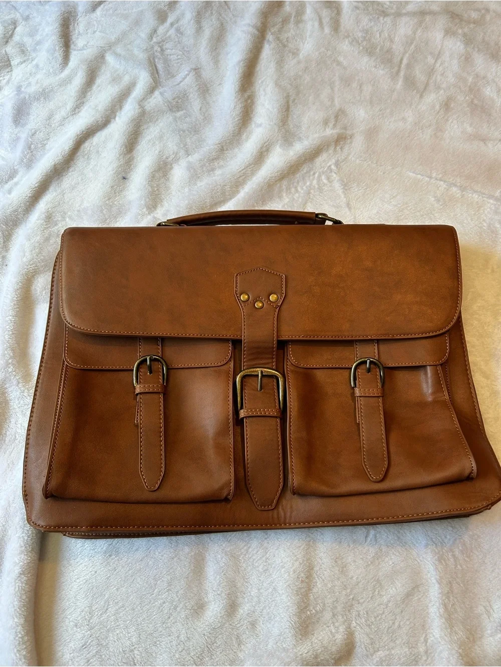 Men's Tan Leather Briefcase with Dual Front Pockets